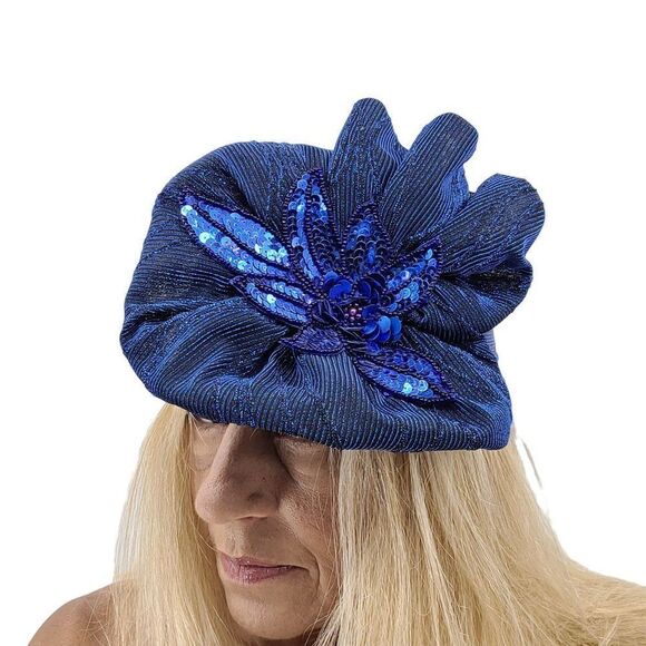 Vintage 80s Flapper Hat Blue Sparke Metallic Sequin 3D Flower Great Gatsby Glam - Picture 1 of 9